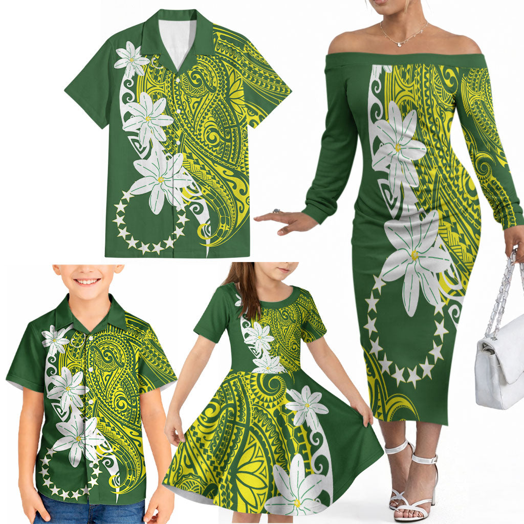Cook Islands Maori Language Week Family Matching Off The Shoulder Long Sleeve Dress and Hawaiian Shirt Tiare Maori Kuki Airani Green Pattern LT22 - Polynesian Pride