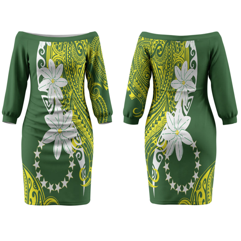 Cook Islands Maori Language Week Family Matching Off The Shoulder Long Sleeve Dress and Hawaiian Shirt Tiare Maori Kuki Airani Green Pattern