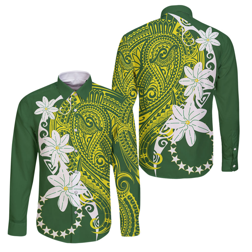 Cook Islands Maori Language Week Family Matching Off The Shoulder Long Sleeve Dress and Hawaiian Shirt Tiare Maori Kuki Airani Green Pattern