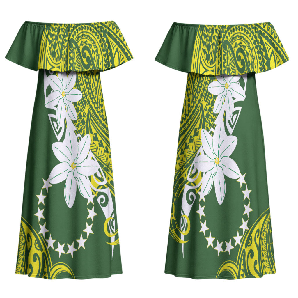 Cook Islands Maori Language Week Family Matching Off Shoulder Maxi Dress and Hawaiian Shirt Tiare Maori Kuki Airani Green Pattern