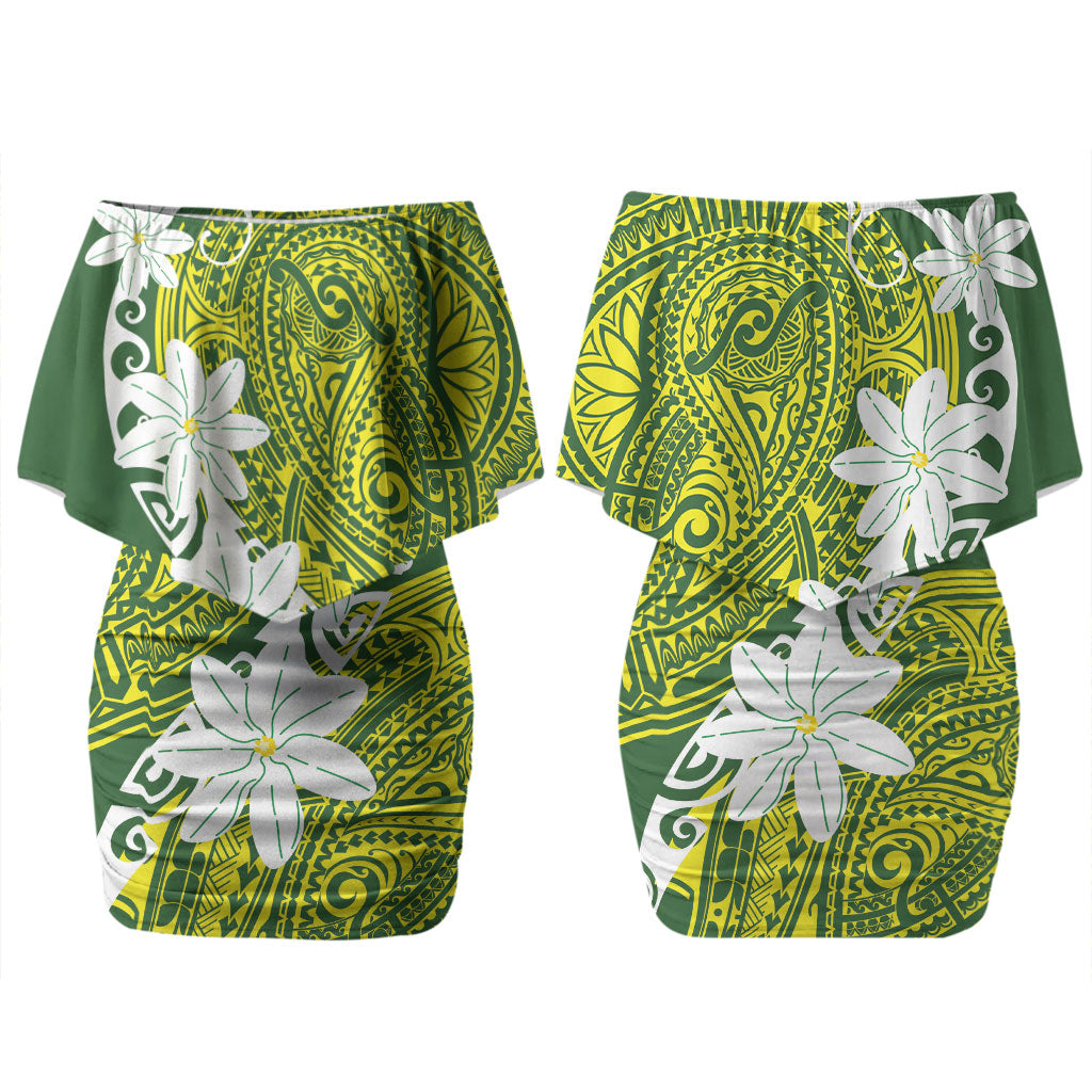 Cook Islands Maori Language Week Family Matching Off Shoulder Short Dress and Hawaiian Shirt Tiare Maori Kuki Airani Green Pattern