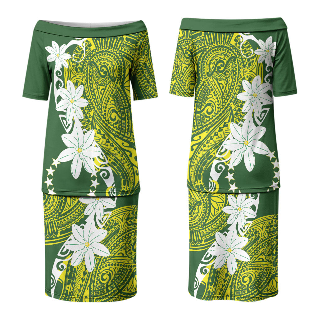 Cook Islands Maori Language Week Family Matching Puletasi and Hawaiian Shirt Tiare Maori Kuki Airani Green Pattern