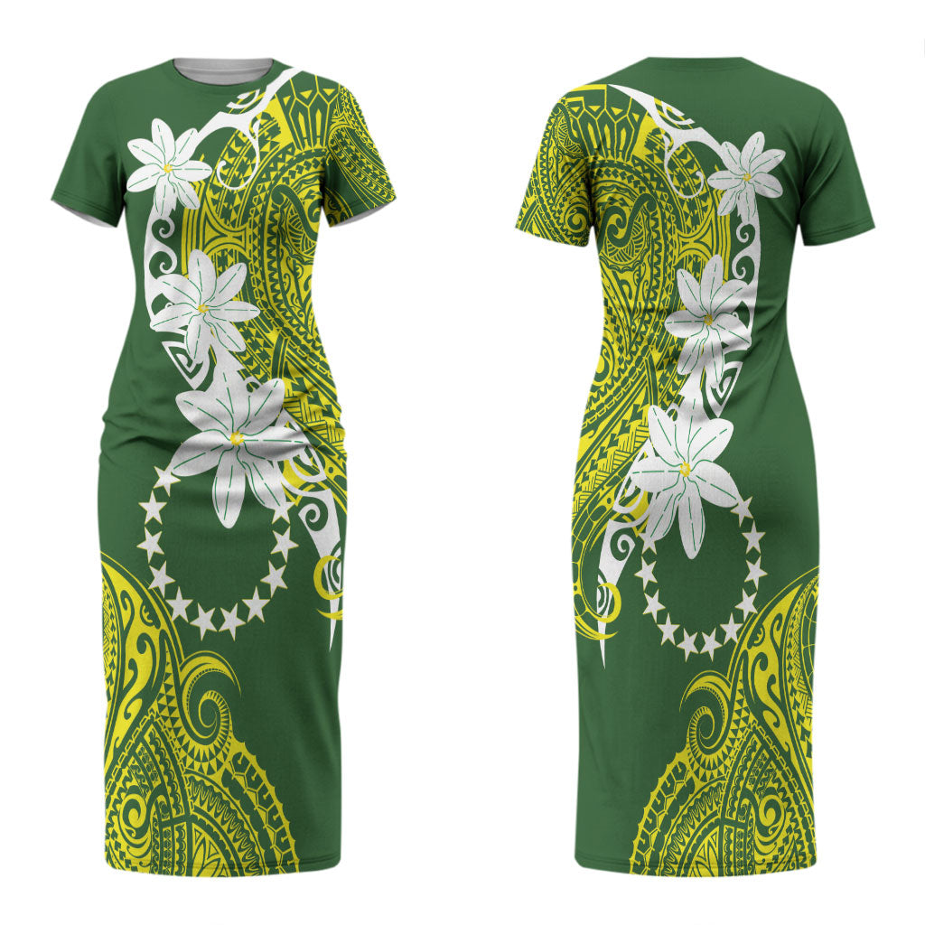 Cook Islands Maori Language Week Family Matching Short Sleeve Bodycon Dress and Hawaiian Shirt Tiare Maori Kuki Airani Green Pattern