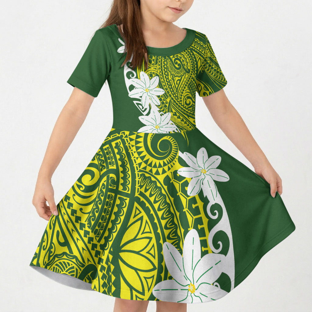Cook Islands Maori Language Week Kid Short Sleeve Dress Tiare Maori Kuki Airani Green Pattern