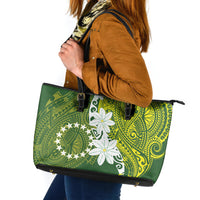 Cook Islands Maori Language Week Leather Tote Bag Tiare Maori Kuki Airani Green Pattern