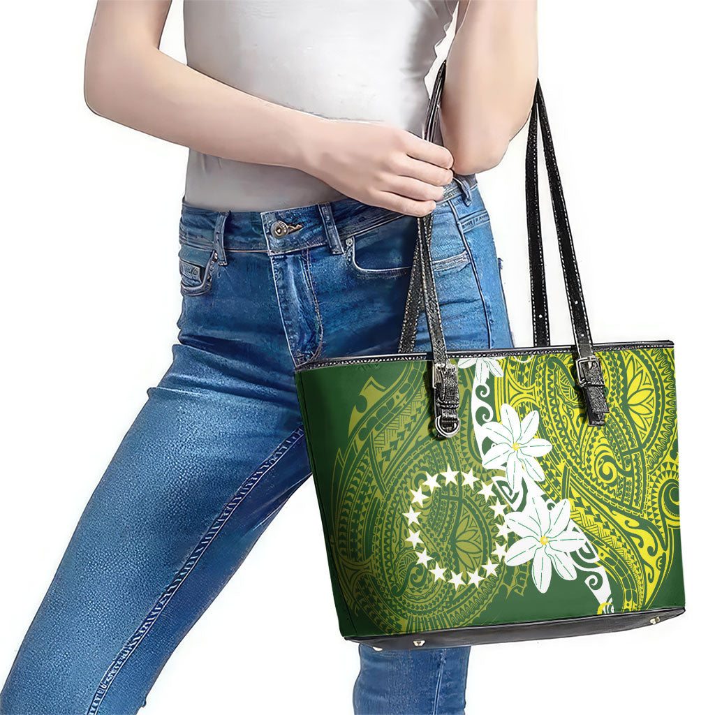 Cook Islands Maori Language Week Leather Tote Bag Tiare Maori Kuki Airani Green Pattern