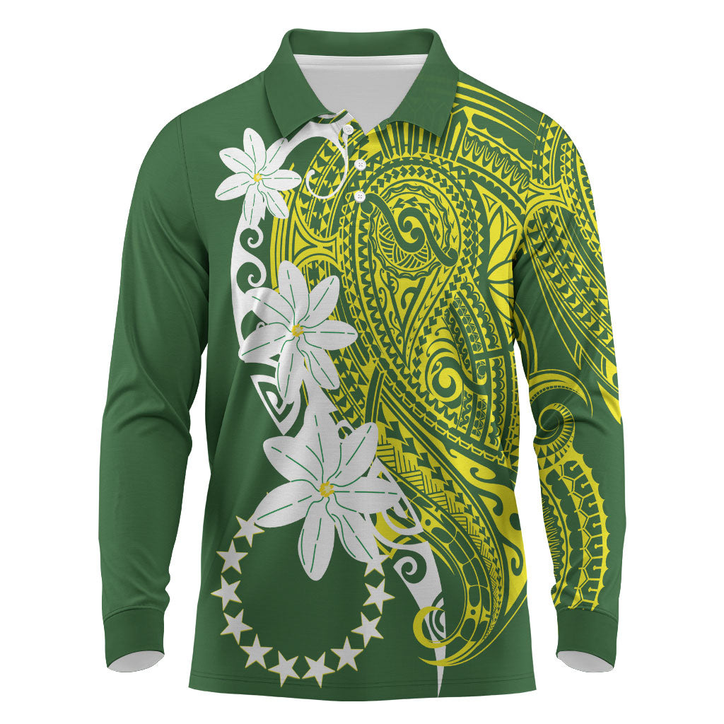 Cook Islands Maori Language Week Long Sleeve Polo Shirt Tiare Maori Kuki Airani Green Pattern