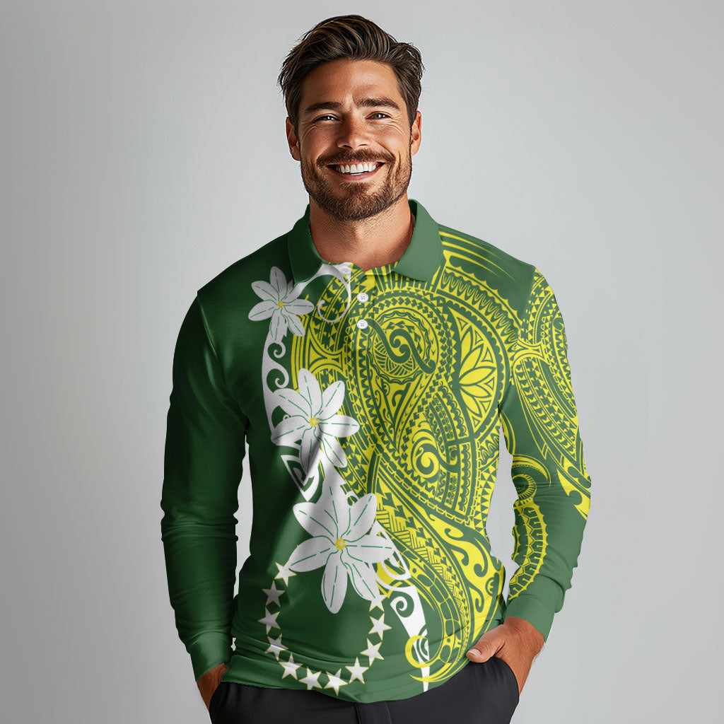 Cook Islands Maori Language Week Long Sleeve Polo Shirt Tiare Maori Kuki Airani Green Pattern