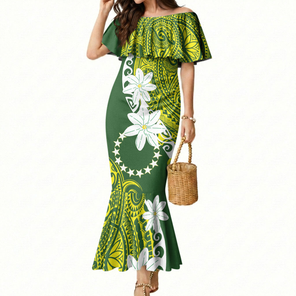 Cook Islands Maori Language Week Mermaid Dress Tiare Maori Kuki Airani Green Pattern