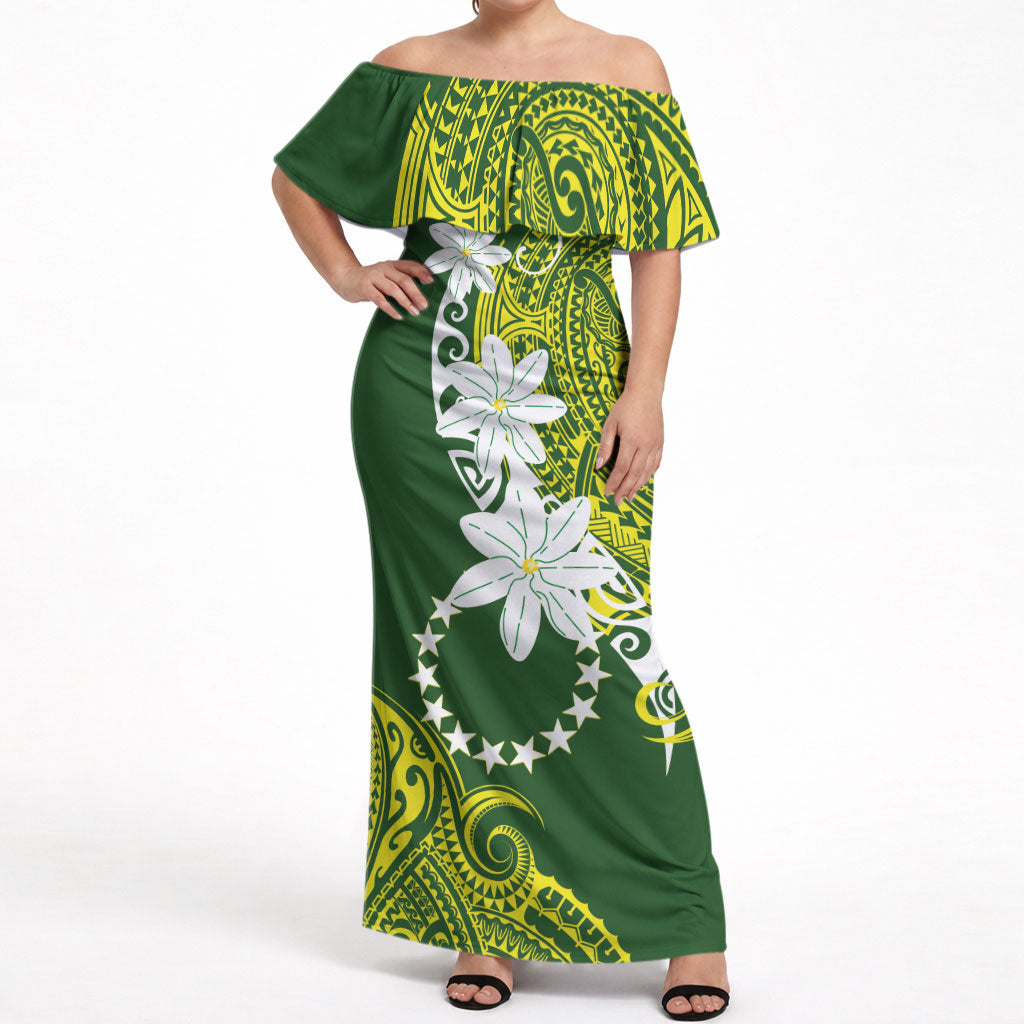 Cook Islands Maori Language Week Off Shoulder Maxi Dress Tiare Maori Kuki Airani Green Pattern
