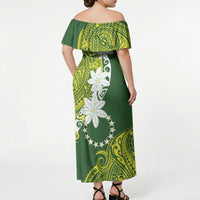 Cook Islands Maori Language Week Off Shoulder Maxi Dress Tiare Maori Kuki Airani Green Pattern