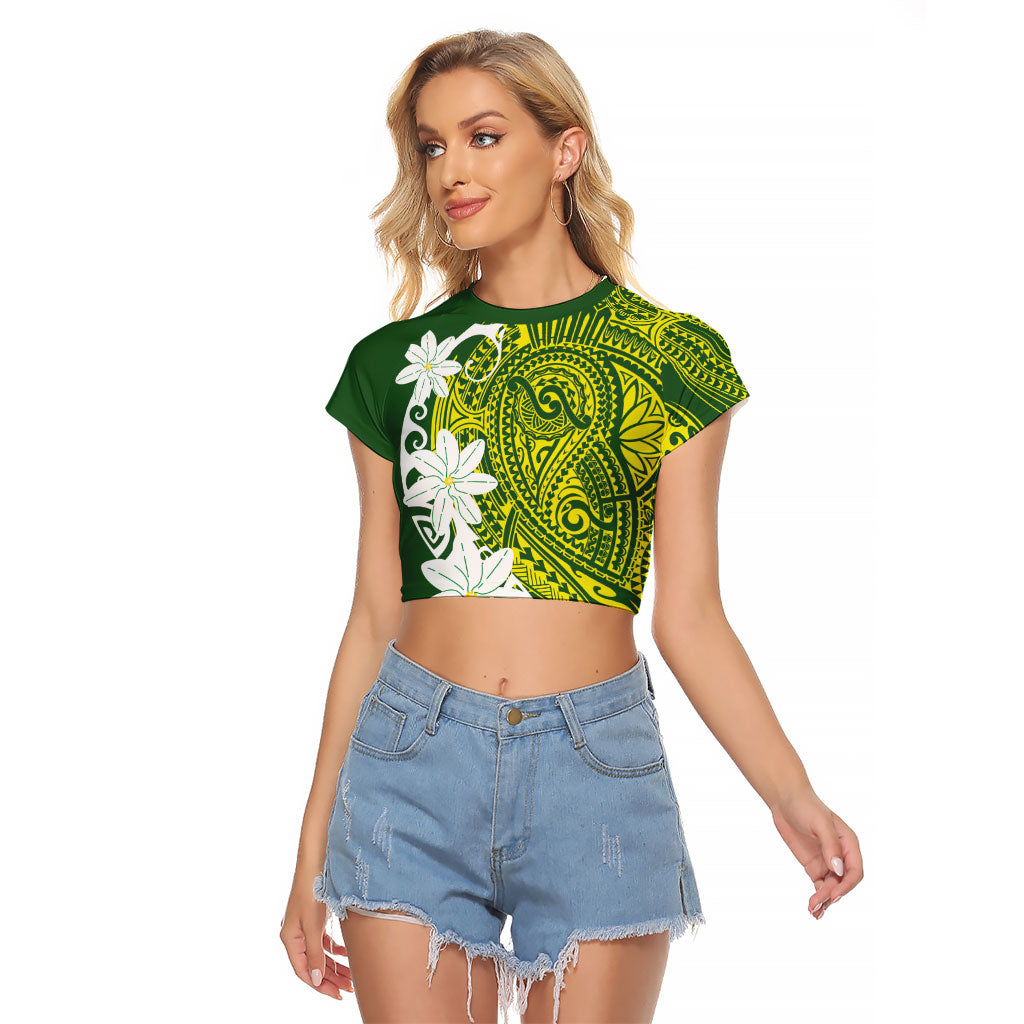 Cook Islands Maori Language Week Raglan Cropped T Shirt Tiare Maori Kuki Airani Green Pattern