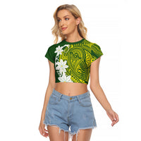 Cook Islands Maori Language Week Raglan Cropped T Shirt Tiare Maori Kuki Airani Green Pattern