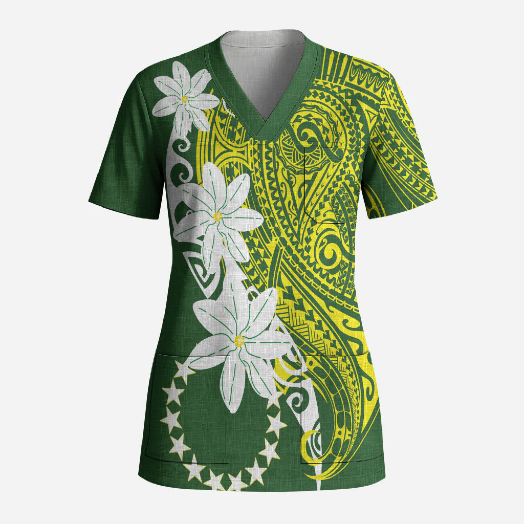 Cook Islands Maori Language Week Scrub Top Tiare Maori Kuki Airani Green Pattern