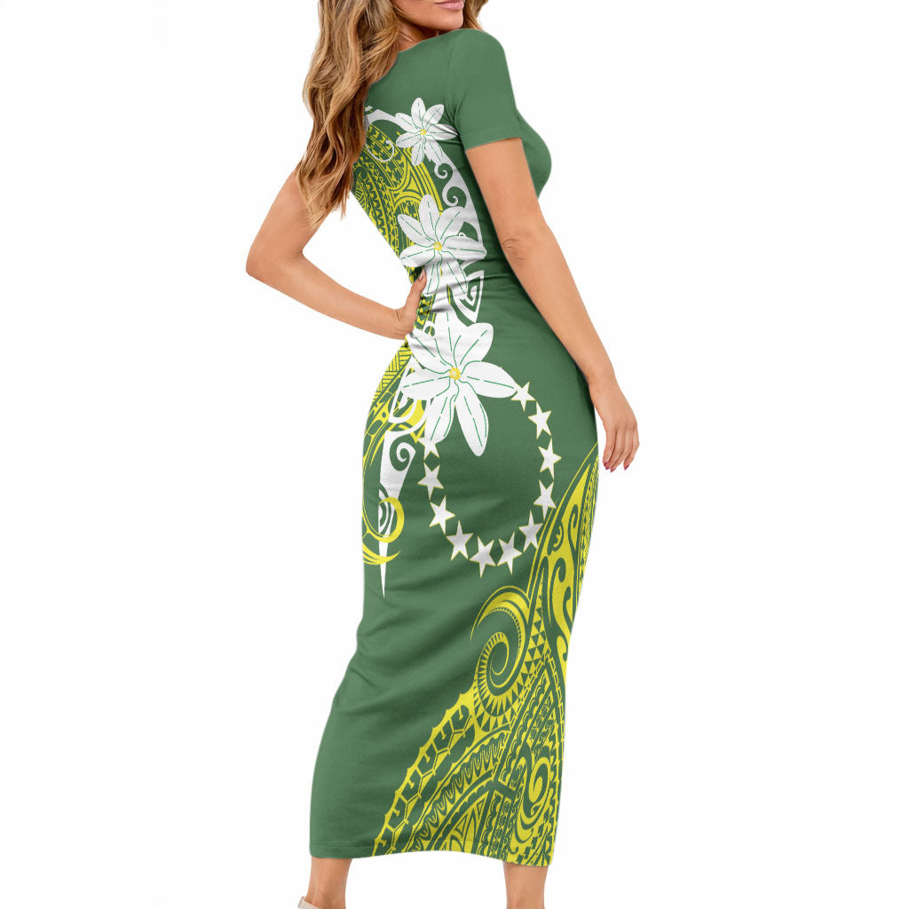 Cook Islands Maori Language Week Short Sleeve Bodycon Dress Tiare Maori Kuki Airani Green Pattern