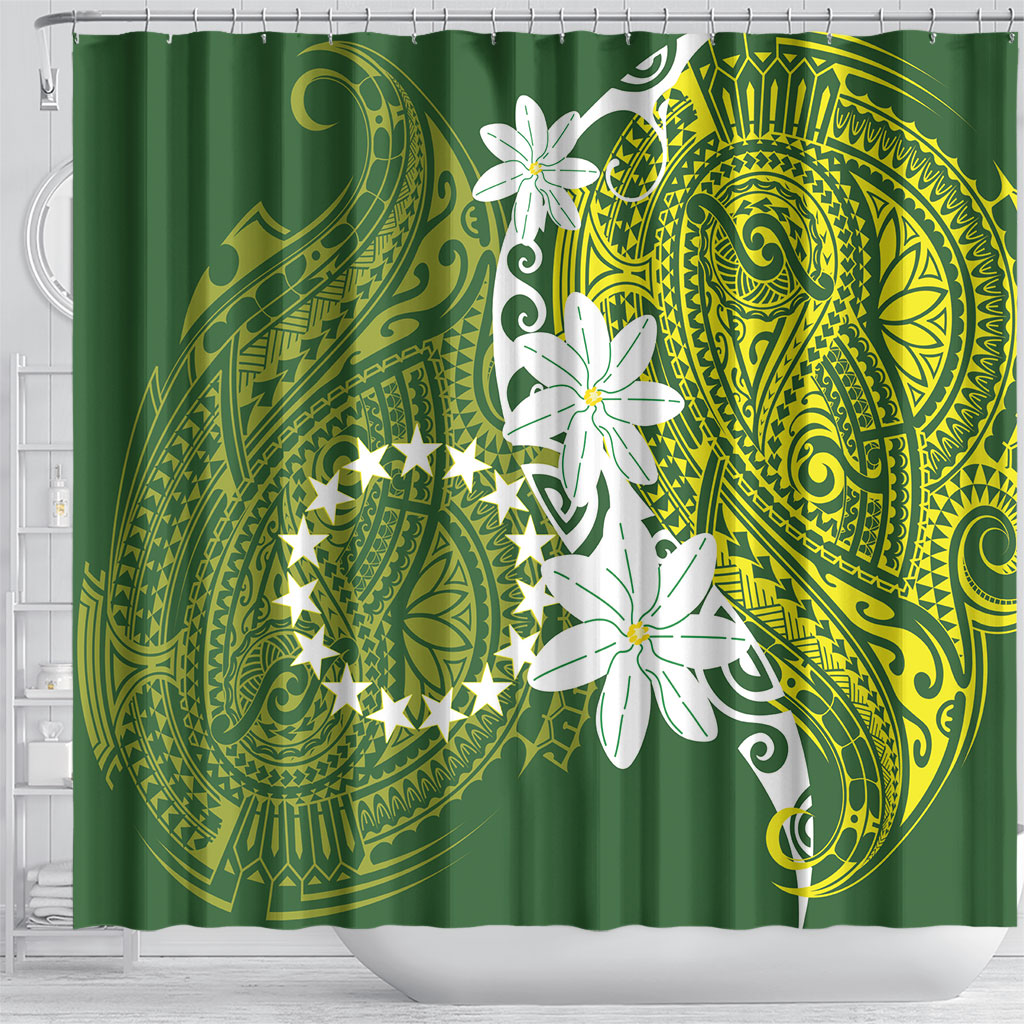 Cook Islands Maori Language Week Shower Curtain Tiare Maori Kuki Airani Green Pattern