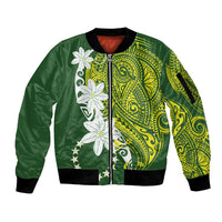 Cook Islands Maori Language Week Sleeve Zip Bomber Jacket Tiare Maori Kuki Airani Green Pattern