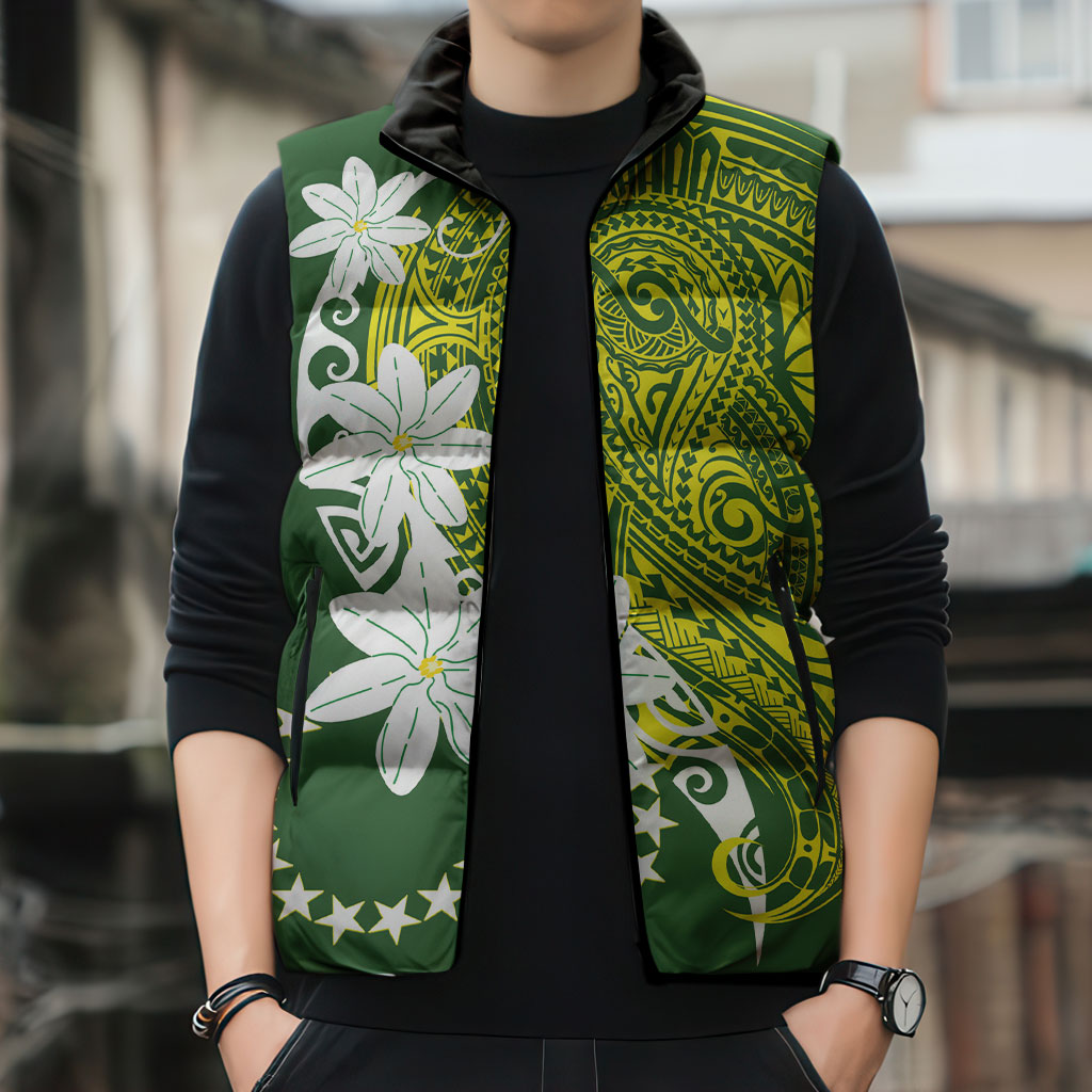 Cook Islands Maori Language Week Sleeveless Puffer Jacket Tiare Maori Kuki Airani Green Pattern