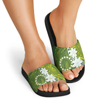 Cook Islands Maori Language Week Slide Sandals Tiare Maori Kuki Airani Green Pattern