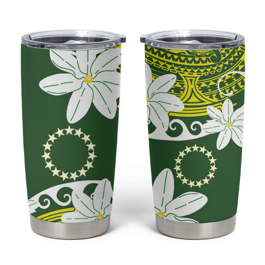 Cook Islands Maori Language Week Tumbler Cup Tiare Maori Kuki Airani Green Pattern