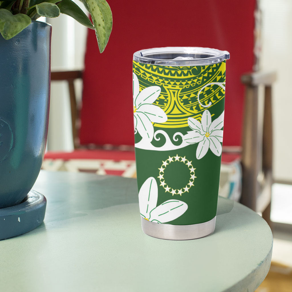 Cook Islands Maori Language Week Tumbler Cup Tiare Maori Kuki Airani Green Pattern