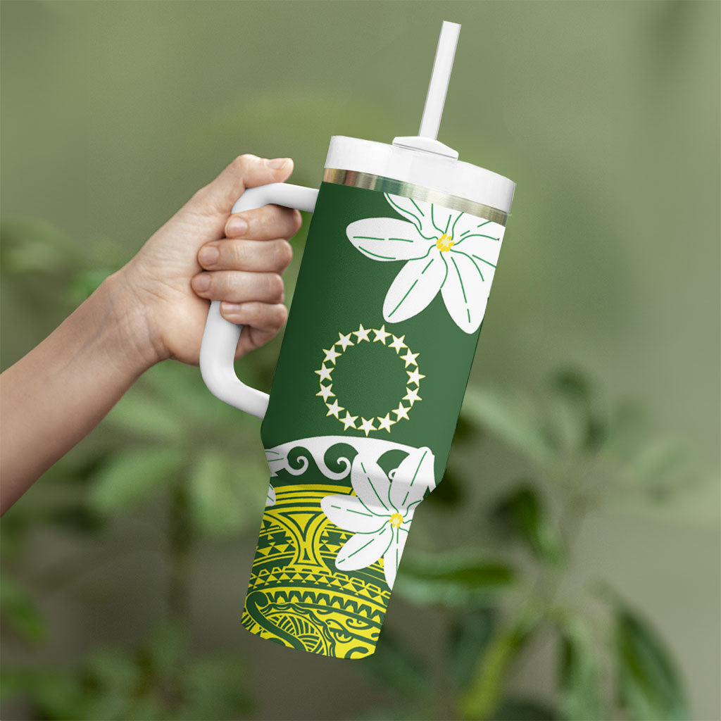 Cook Islands Maori Language Week Tumbler With Handle Tiare Maori Kuki Airani Green Pattern