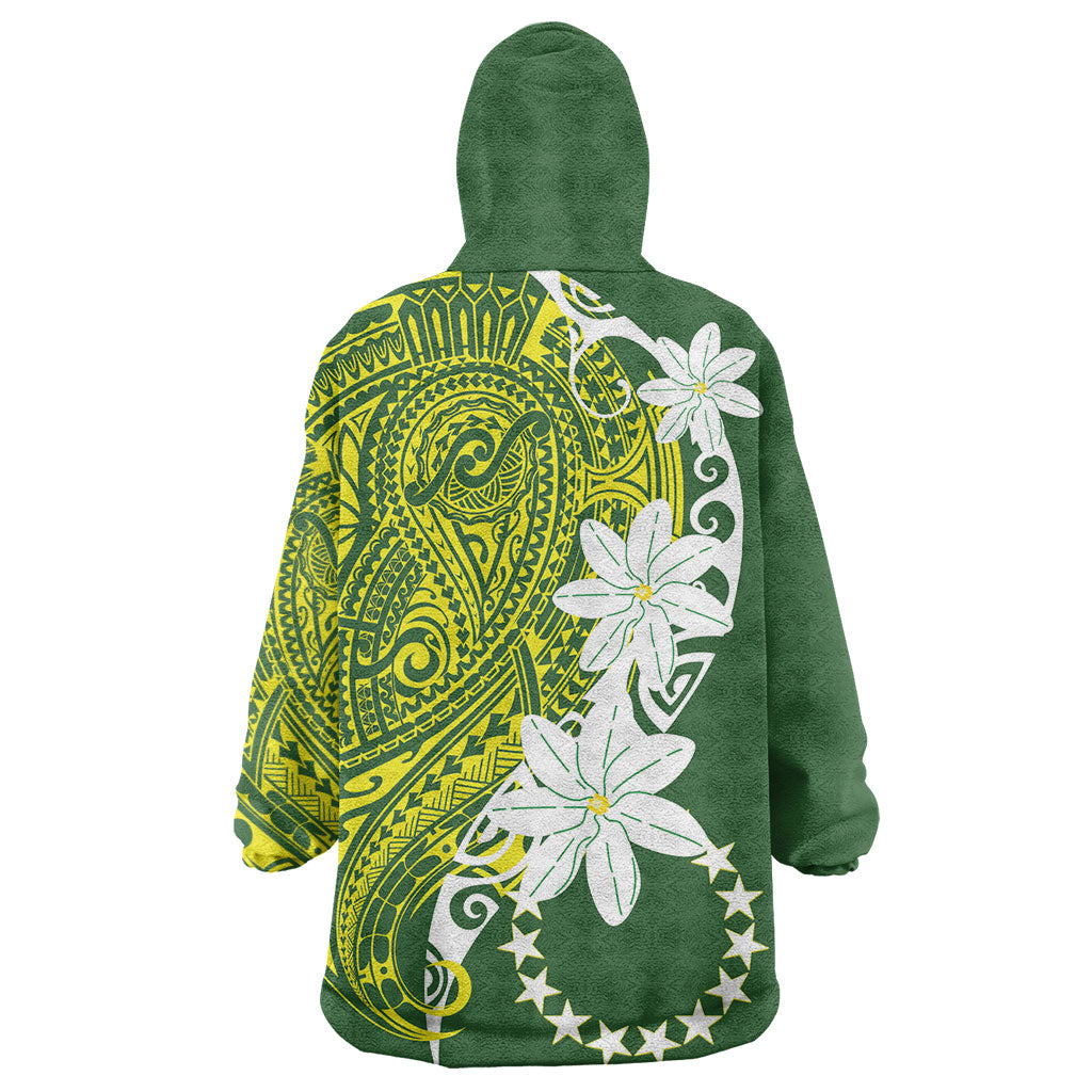 Cook Islands Maori Language Week Wearable Blanket Hoodie Tiare Maori Kuki Airani Green Pattern