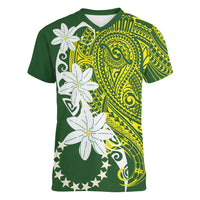 Cook Islands Maori Language Week Women V-Neck T-Shirt Tiare Maori Kuki Airani Green Pattern