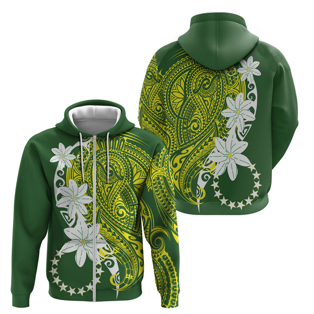 Cook Islands Maori Language Week Zip Hoodie Tiare Maori Kuki Airani Green Pattern