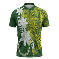 Cook Islands Maori Language Week Zipper Polo Shirt Tiare Maori Kuki Airani Green Pattern