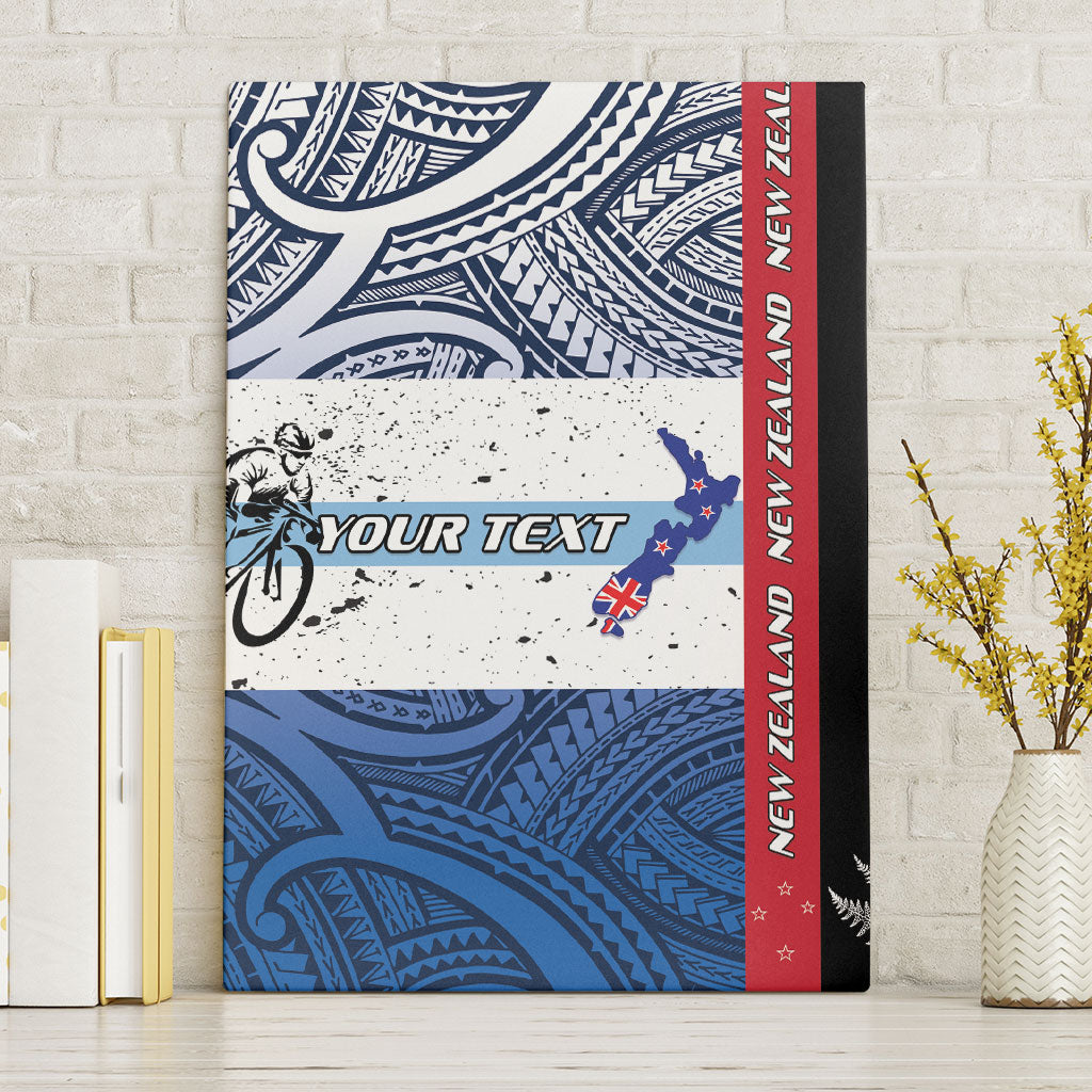 Personalised Cycling New Zealand Canvas Wall Art Aotearoa Map Fern Maori Pattern