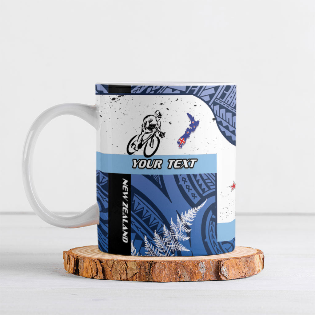 Personalised Cycling New Zealand Ceramic Mug Aotearoa Map Fern Maori Pattern