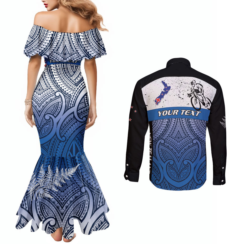 Personalised Cycling New Zealand Couples Matching Mermaid Dress and Long Sleeve Button Shirt Aotearoa Map Fern Maori Pattern LT22 - Polynesian Pride