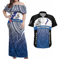 Personalised Cycling New Zealand Couples Matching Off Shoulder Maxi Dress and Hawaiian Shirt Aotearoa Map Fern Maori Pattern LT22 Blue - Polynesian Pride