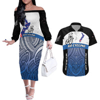 Personalised Cycling New Zealand Couples Matching Off The Shoulder Long Sleeve Dress and Hawaiian Shirt Aotearoa Map Fern Maori Pattern LT22 Blue - Polynesian Pride