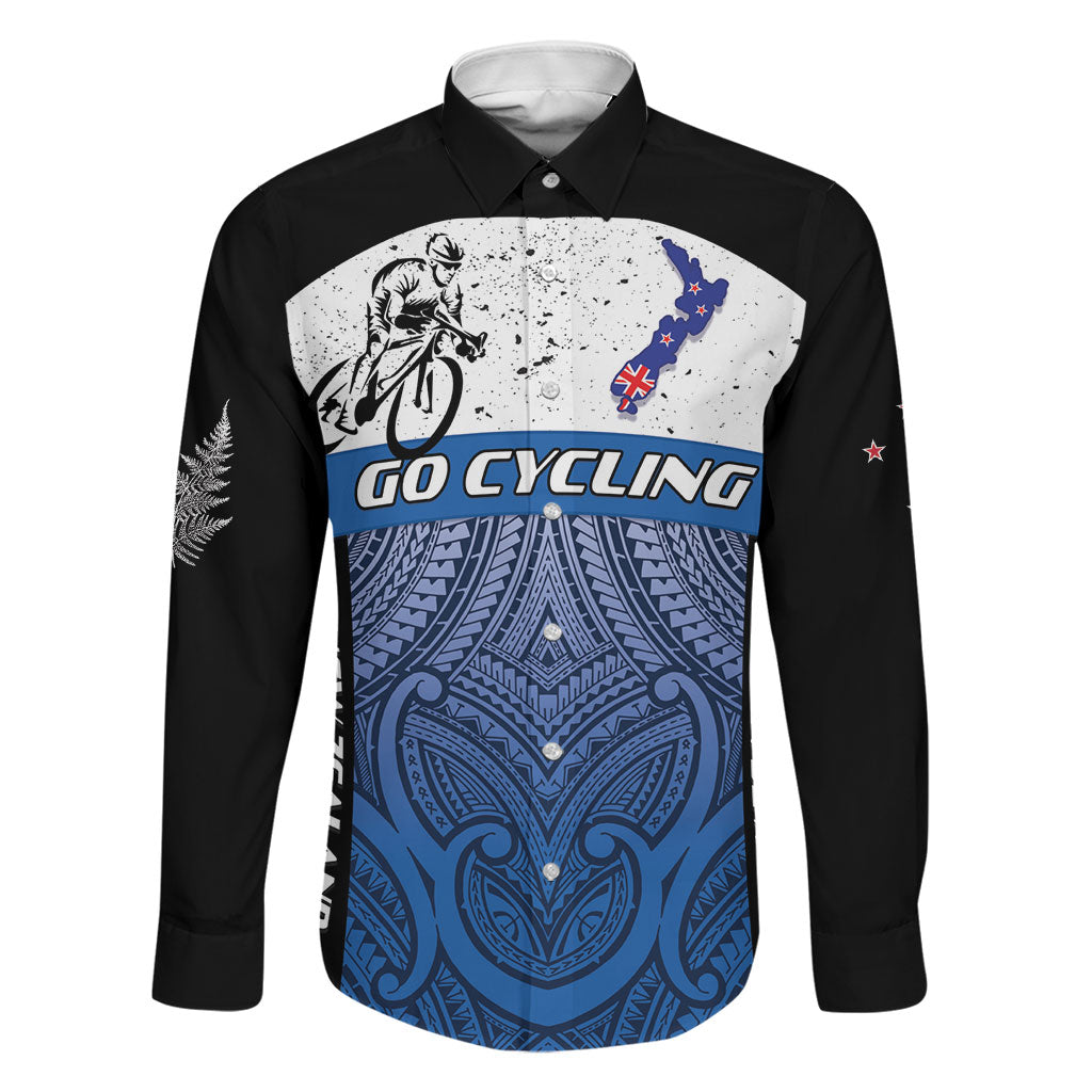 Personalised Cycling New Zealand Family Matching Off Shoulder Maxi Dress and Hawaiian Shirt Aotearoa Map Fern Maori Pattern LT22 Dad's Shirt - Long Sleeve Blue - Polynesian Pride