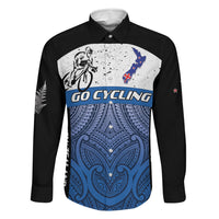 Personalised Cycling New Zealand Family Matching Off Shoulder Maxi Dress and Hawaiian Shirt Aotearoa Map Fern Maori Pattern LT22 Dad's Shirt - Long Sleeve Blue - Polynesian Pride