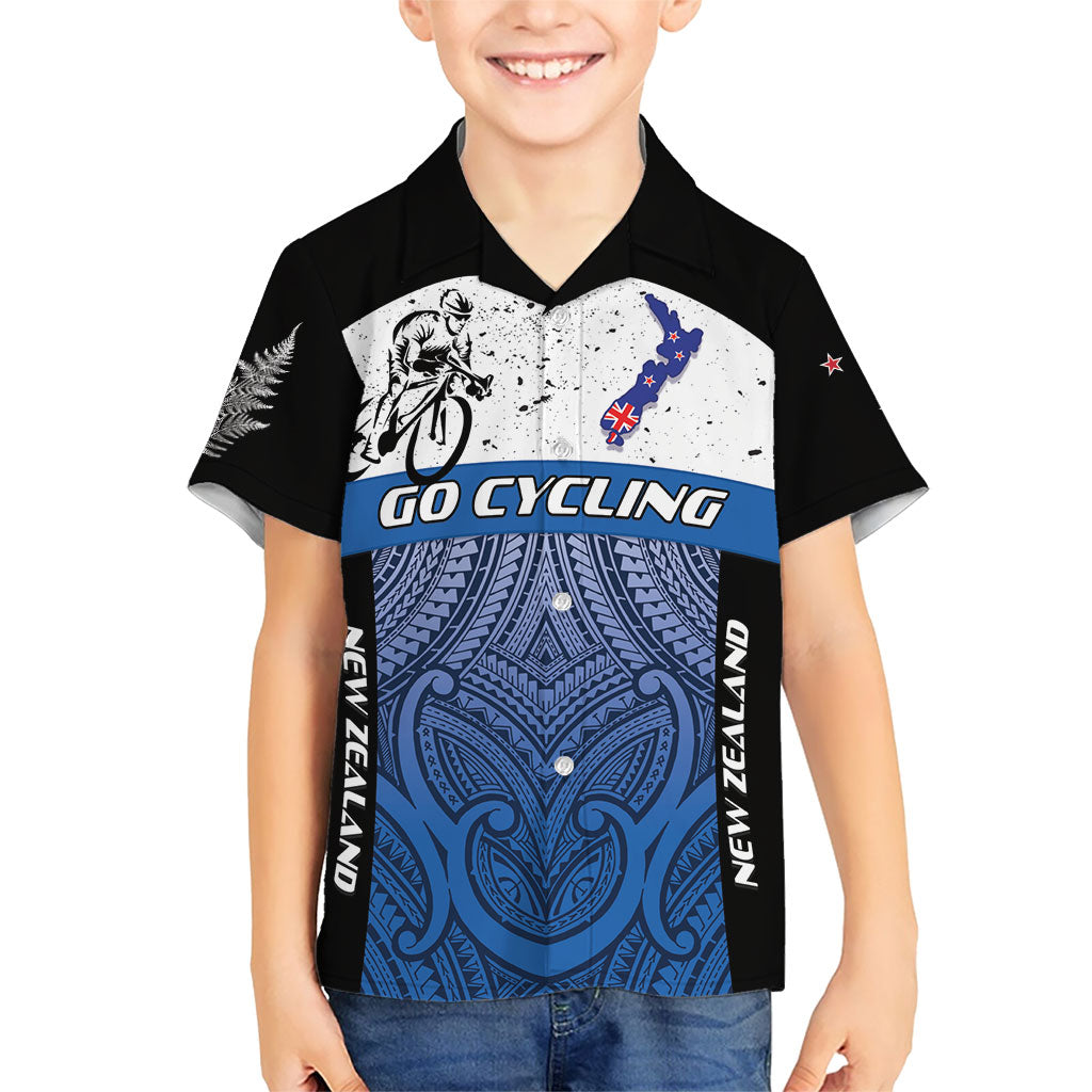 Personalised Cycling New Zealand Family Matching Off Shoulder Short Dress and Hawaiian Shirt Aotearoa Map Fern Maori Pattern LT22 Son's Shirt Blue - Polynesian Pride