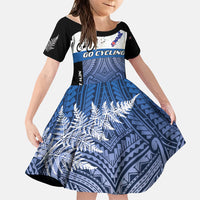 Personalised Cycling New Zealand Family Matching Puletasi and Hawaiian Shirt Aotearoa Map Fern Maori Pattern LT22 Daughter's Dress Blue - Polynesian Pride