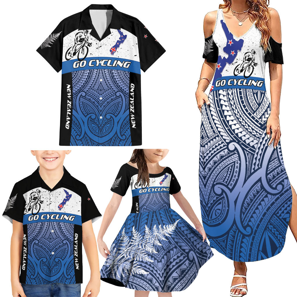Personalised Cycling New Zealand Family Matching Summer Maxi Dress and Hawaiian Shirt Aotearoa Map Fern Maori Pattern LT22 - Polynesian Pride