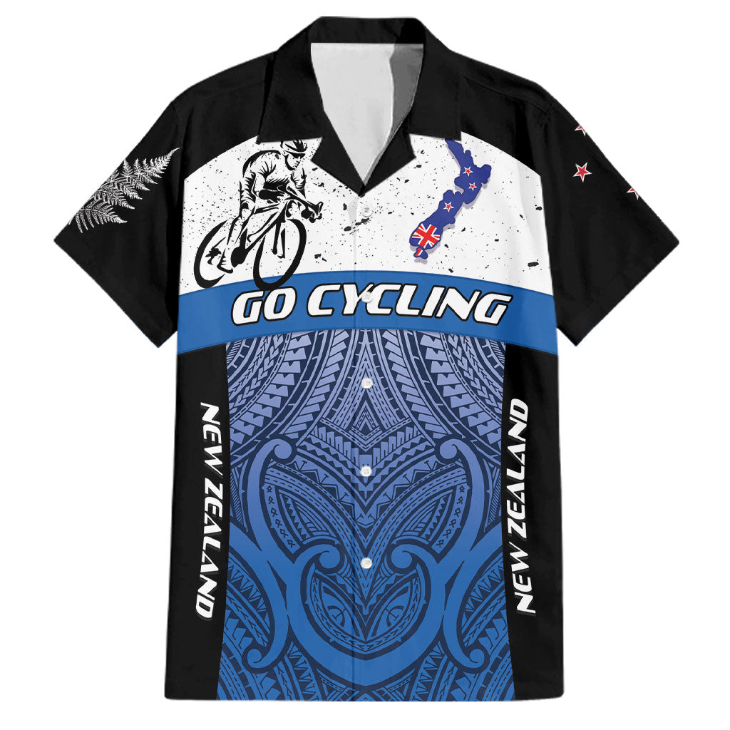 Personalised Cycling New Zealand Family Matching Summer Maxi Dress and Hawaiian Shirt Aotearoa Map Fern Maori Pattern LT22 Dad's Shirt - Short Sleeve Blue - Polynesian Pride