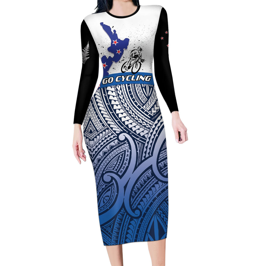 Personalised Cycling New Zealand Long Sleeve Bodycon Dress Aotearoa Map Fern Maori Pattern