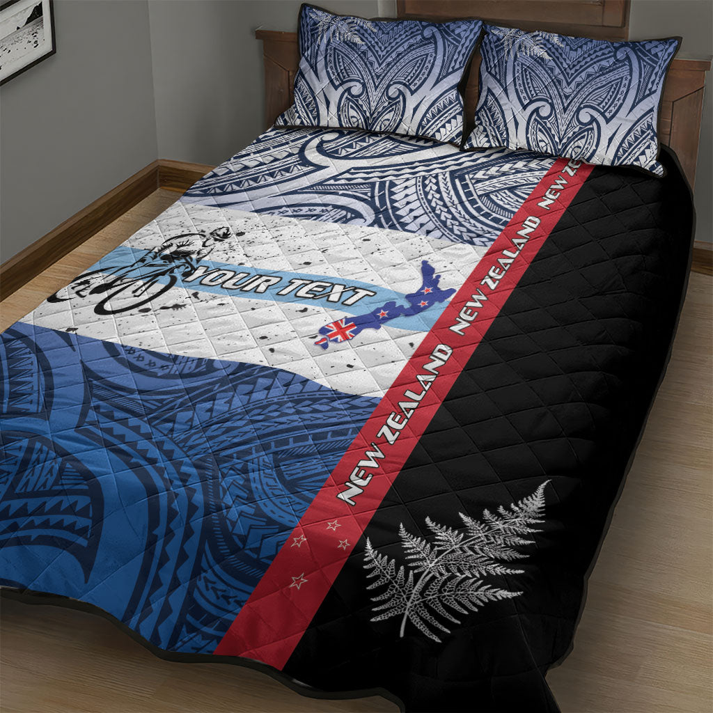 Personalised Cycling New Zealand Quilt Bed Set Aotearoa Map Fern Maori Pattern