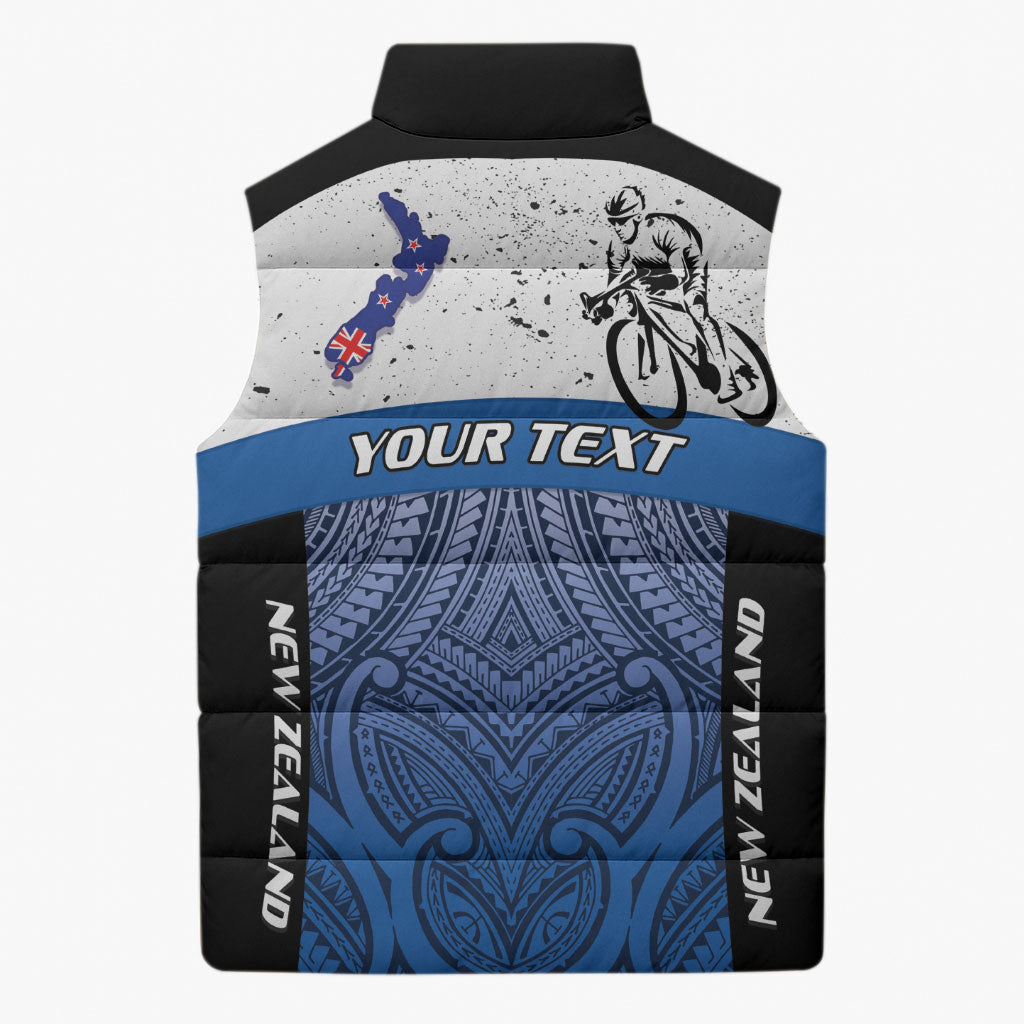 Personalised Cycling New Zealand Sleeveless Puffer Jacket Aotearoa Map Fern Maori Pattern LT22 - Polynesian Pride
