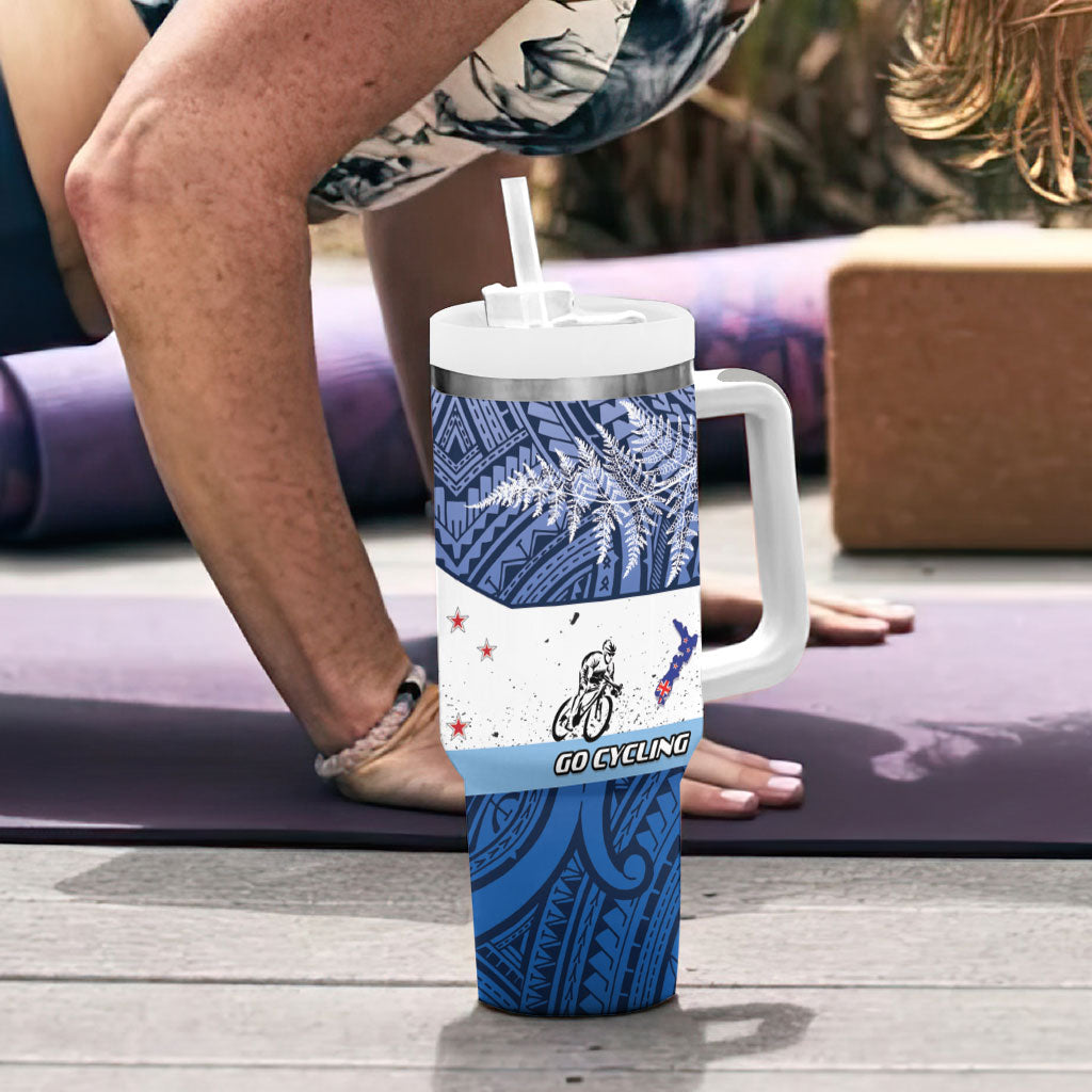 Personalised Cycling New Zealand Tumbler With Handle Aotearoa Map Fern Maori Pattern