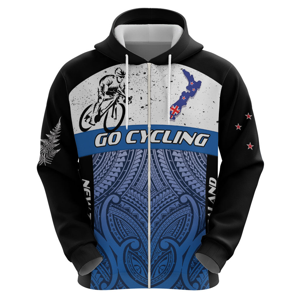 Personalised Cycling New Zealand Zip Hoodie Aotearoa Map Fern Maori Pattern