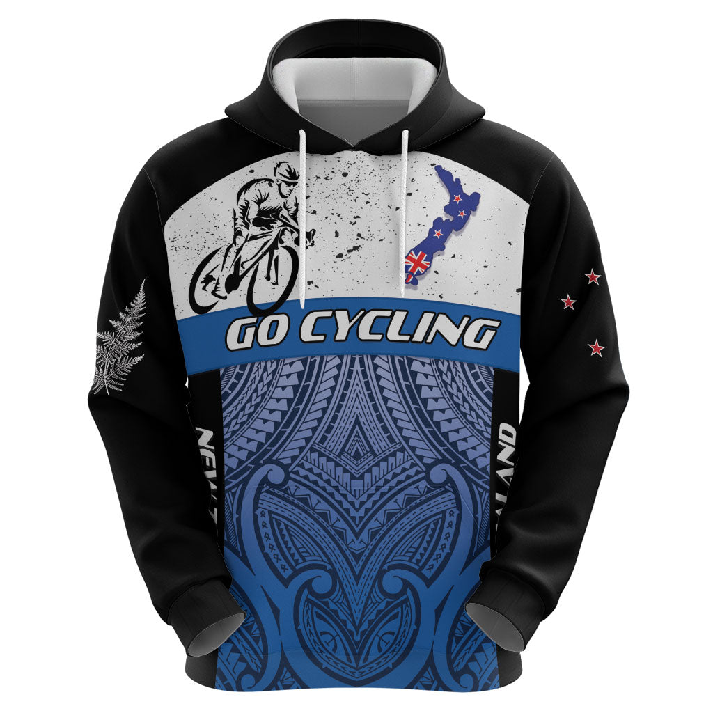 Personalised Cycling New Zealand Zip Hoodie Aotearoa Map Fern Maori Pattern