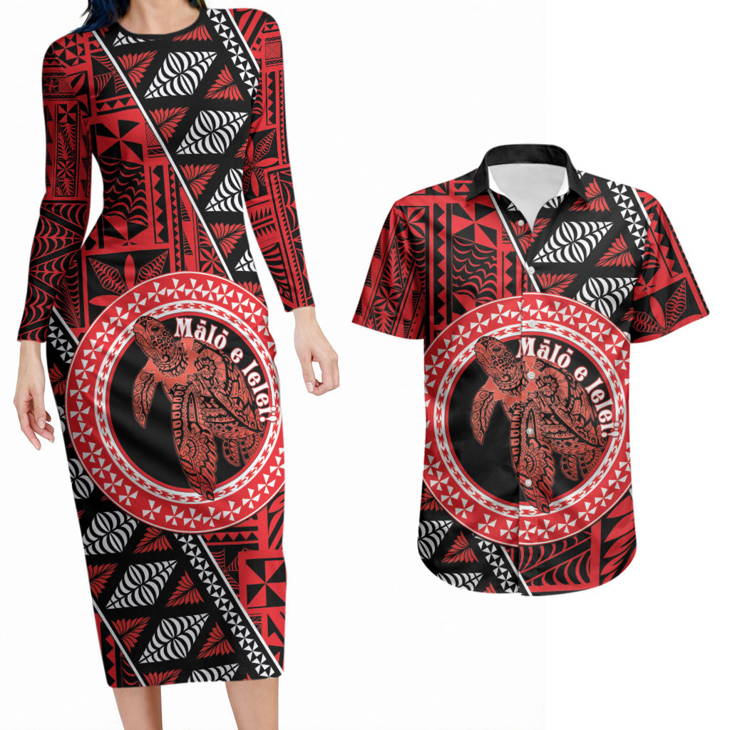 Personalised Tonga Language Week Couples Matching Long Sleeve Bodycon Dress and Hawaiian Shirt Heilala Turtle Malo E Lelei LT22 Red - Polynesian Pride