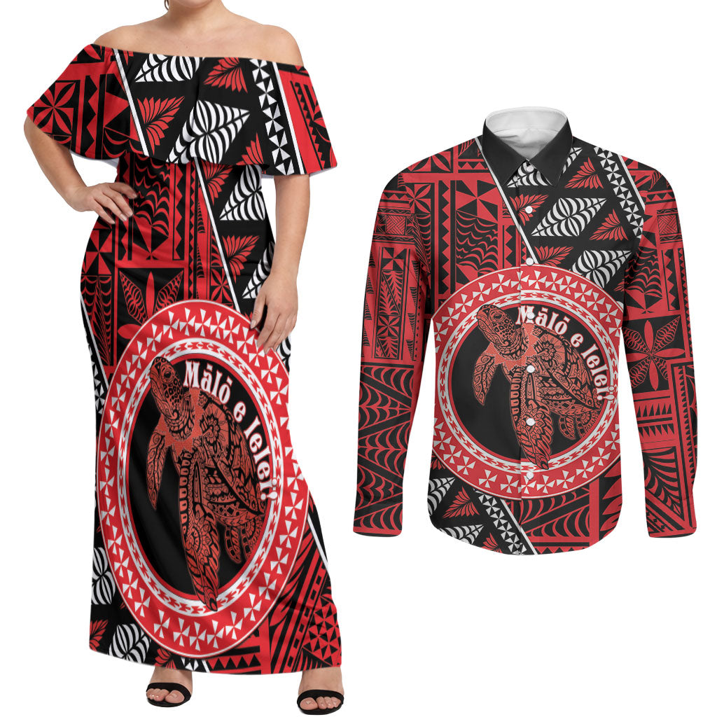 Personalised Tonga Language Week Couples Matching Off Shoulder Maxi Dress and Long Sleeve Button Shirt Heilala Turtle Malo E Lelei
