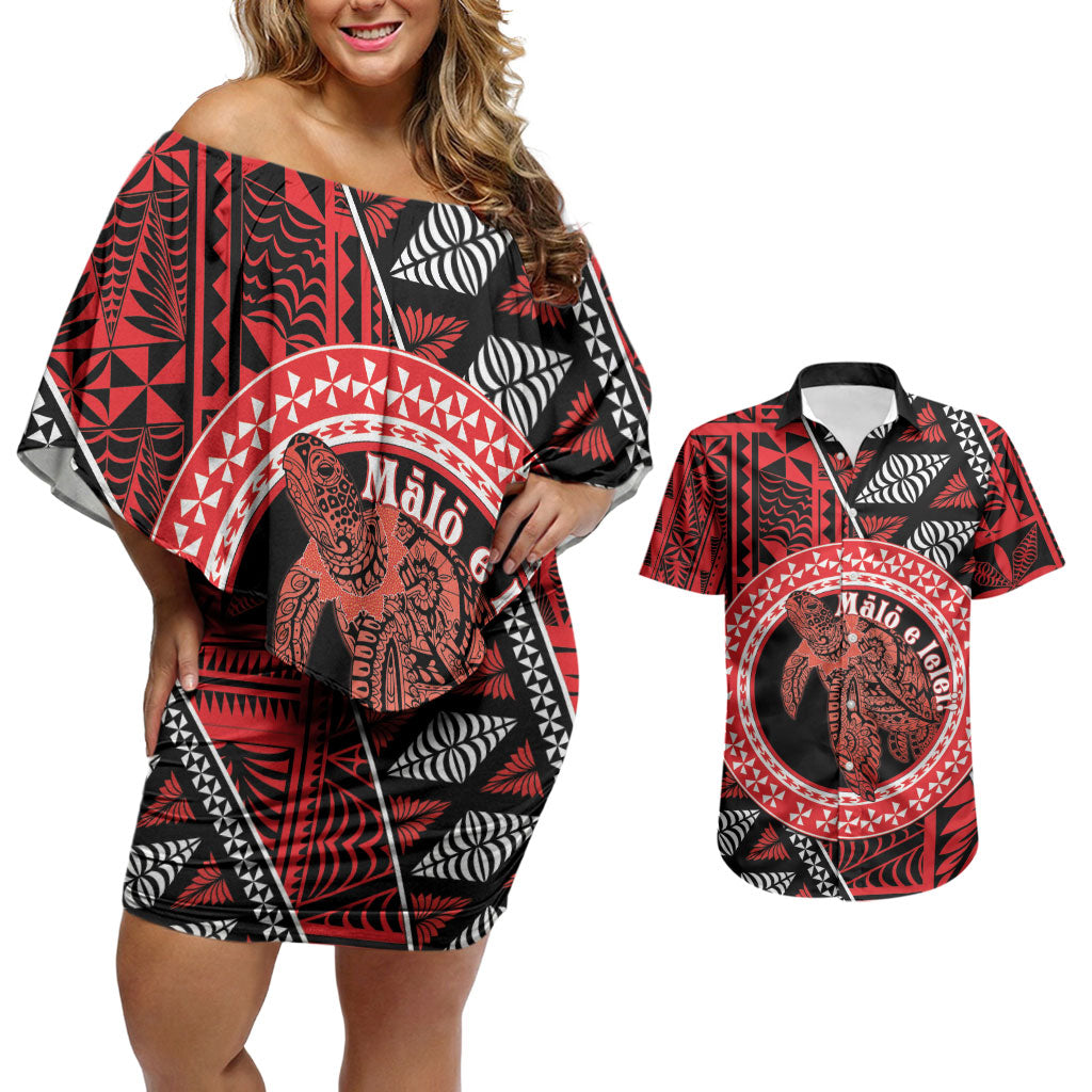 Personalised Tonga Language Week Couples Matching Off Shoulder Short Dress and Hawaiian Shirt Heilala Turtle Malo E Lelei